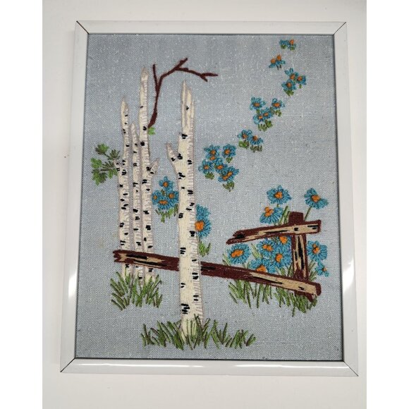 Birch Trees & Flowers Cross Stitch Art Framed 14.75x11.5" Needlepoint - Picture 1 of 10